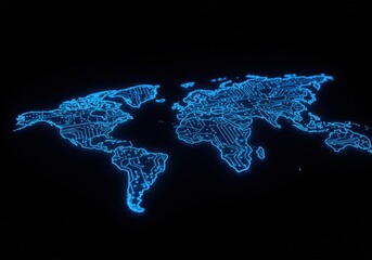 Glowing Circuit Board World Map on Black Background
