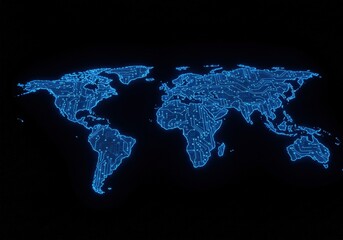 Digital world map with circuit board design glowing in blue
