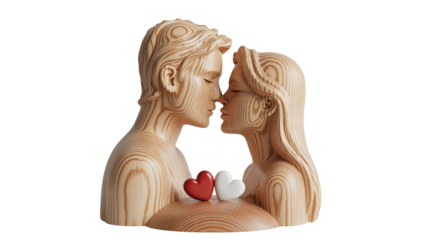 Captivating wooden sculpture of a couple sharing a tender kiss, symbolizing enduring love and connection with symbolic hearts