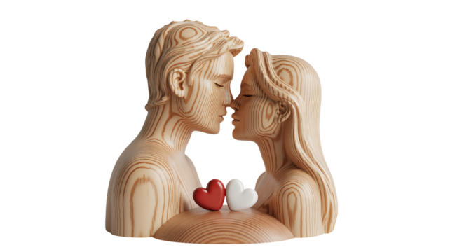 Captivating wooden sculpture of a couple sharing a tender kiss, symbolizing enduring love and connection with symbolic hearts