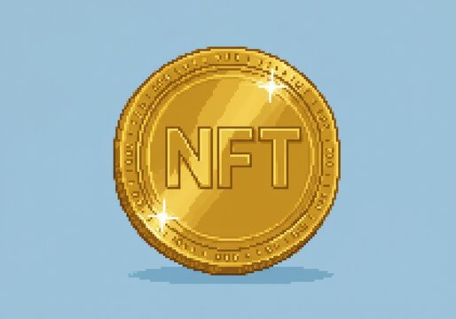 Pixelated golden NFT coin on a light blue background