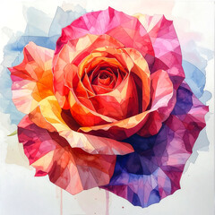 Vibrant rose, watercolor texture, geometric petals, pink orange yellow purple blue, floral close up, artistic bloom, delicate detail