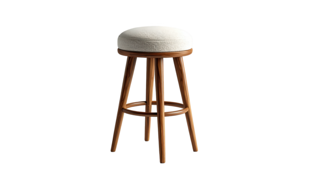 Sleek wooden stool with a round, cushioned seat, featuring a warm, natural wood grain finish and a neutral, textured fabric in an isolated, minimalist setting.