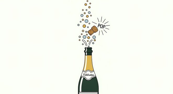 Champagne Bottle Popping Cork with Bubbles Illustration on White Background