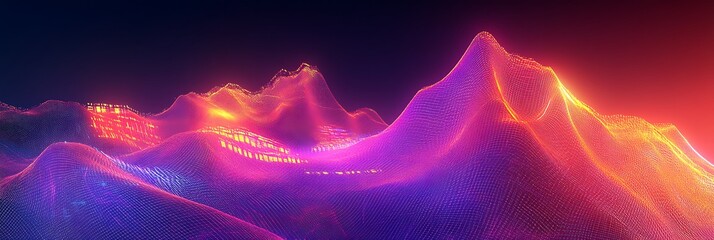 Vibrant Mountain Energy: A colorful digital illustration of mountains, with striking neon lights across their majestic forms and dynamic energy and glowing peaks.