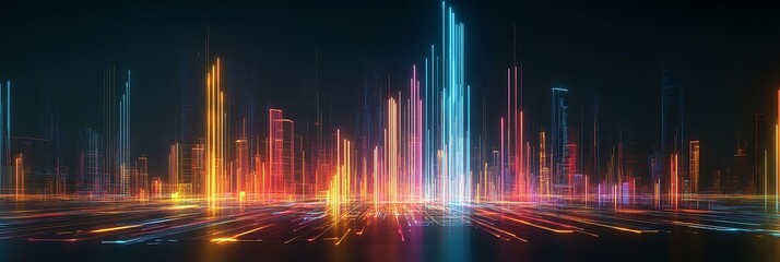 Abstract Skyline of the Future: Neon-lit towers of the metropolis ignite the night, reflecting a vision of futuristic digital landscape, symbolizing technological advancement.