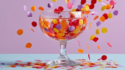 Colorful confetti falling into a glass filled with vibrant paper circles, creating a festive atmosphere against a pastel background, symbolizing celebration and joy in a playful setting