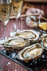 Indulge in the luxurious pairing of fresh oysters and sparkling wine, a delightful culinary experience for seafood lovers.