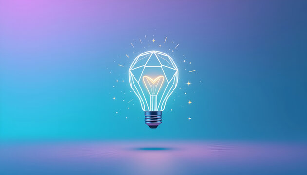 Futuristic Neon Polygonal Lightbulb with Blue Wireframe Idea