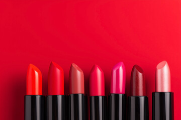 Obraz premium A vibrant display of lipsticks in various shades, lined up against a vivid red background. A striking cosmetic collection.