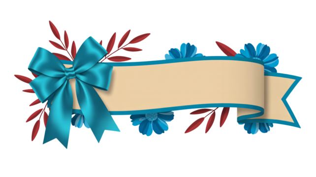 Elegant ribbon banner with teal bow and blue flowers perfect for announcements, invitations, or decorative overlays