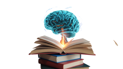 Unlock brilliant ideas and knowledge with a glowing brain emerging from an open book stack, symbolizing learning and innovation.