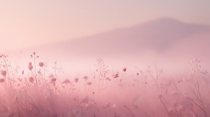 Delicate pink meadow with wildflowers silhouetted against misty mountain landscape scenery