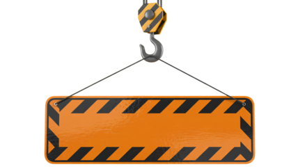 Heavy duty crane hook suspends bright orange hazard warning sign with black stripes, ready for your custom message.