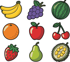 Collection of nine colorful cartoon fruits on white background banana bunch of bananas
