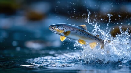 Fototapeta premium Atlantic Salmon leaping out of clear blue water. Natural aquatic environment, symbolizing strength and life in the wild