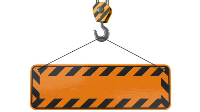 Heavy duty crane hook suspends bright orange hazard warning sign with black stripes, ready for your custom message.