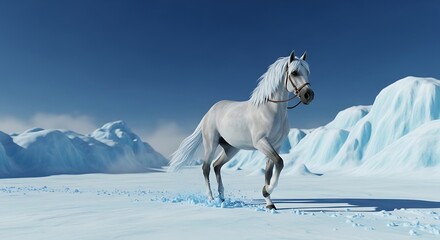 Obraz premium White Horse Galloping in a Snowy Arctic Landscape.
