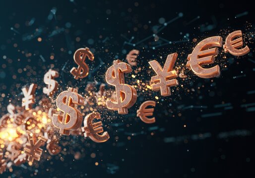 Currency symbols floating in a dark, abstract background. - Powered by Adobe