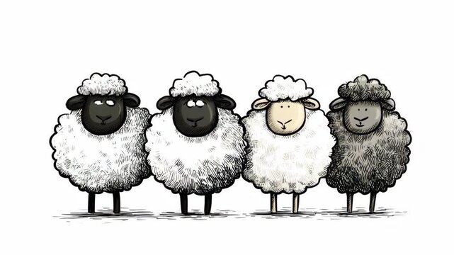 Group of cartoon fluffy sheep with varied colors and expressions, hand-drawn style on white background, concept of diversity and humor
