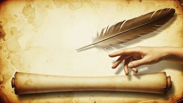 A hand near a feather quill and an old scroll on parchment paper with brown stains and a vintage look