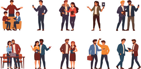 Business people vector illustration with teamwork, office communication, colleagues discussing, working together, using technology, corporate partnership, collaboration, and modern lifestyle.