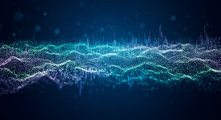 Abstract digital wave pattern with blue and green lights on a dark background