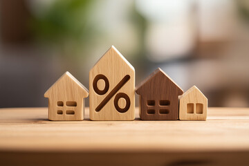 House figures and a percentage symbol represent interest rates and the real estate market, highlighting mortgage options and economic indicators.