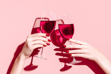 Mains de femme tenant deux verres de vin rouge sur fond rose