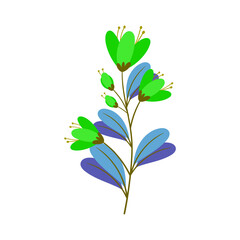 Vibrant green blooming flower with blue leaves on a white background, simple illustration