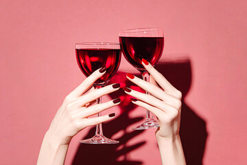 Mains de femme tenant deux verres de vin rouge sur fond rose