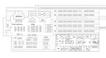 Vector art of architectural blueprint of a large industrial facility showing layout and room divisions