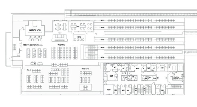 Vector art of architectural blueprint of a large industrial facility showing layout and room divisions