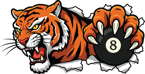 Fierce tiger mascot illustration breaking wall holding billiard eight ball, aggressive wild animal sports tattoo design, pool game vector artwork.
