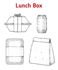 Lunch box set. Hand drawn vector illustration. Meal box sketch.