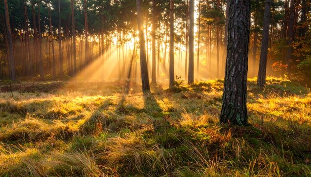 Golden sunlight streams through a misty forest (2) - Powered by Adobe