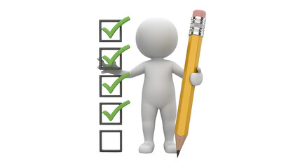 Achieve goals with this 3D character checking off tasks on a list holding a pencil, symbolizing success and completion in business and projects.