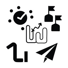 Comprehensive icon collection representing business progress and achievement, with symbols for on-time completion, goals, growth path, and startup launch