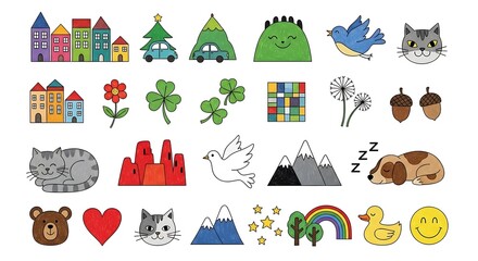 Obraz premium Collection of pixel art icons featuring houses, animals, nature, and objects