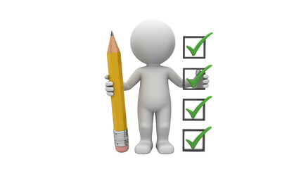 White 3D character holding large pencil and completing checklist with green checkmarks for successful task completion and project management success