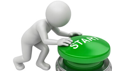 Determined stick figure poised to press vibrant green start button initiating a new project or exciting venture