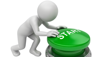 Determined stick figure poised to press vibrant green start button initiating a new project or exciting venture