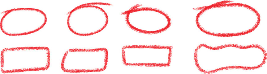 Red hand drawn circles and rectangles sketch collection for highlighting text. Rough marker doodle shapes for note taking, infographics, and creative design. Unique handmade outline illustration set.