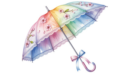 Vibrant watercolor rainbow umbrella adorned with delicate cherry blossoms and lace trim, perfect for whimsical spring designs and creative projects.