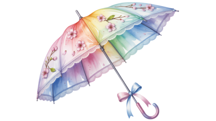 Vibrant watercolor rainbow umbrella adorned with delicate cherry blossoms and lace trim, perfect for whimsical spring designs and creative projects.