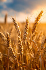 Obraz premium Golden wheat field at sunset. Ears of grain bathed in warm light. Harvest season. Rural landscape. Agriculture. Food source. Grain crop.