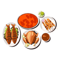 Culinary Delights A Flatlay of Delicious Roasted Chicken, Fish, and Skewers with Sauces