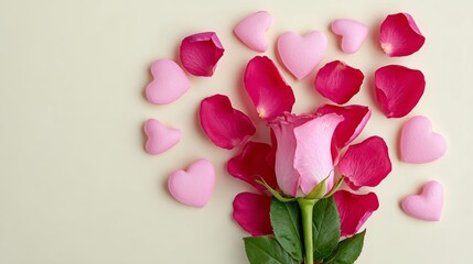 Pink rose surrounded by heart-shaped candies and rose petals on a soft pastel background, creating a romantic atmosphere perfect for celebrations, love, and special occasions with a touch of elegance