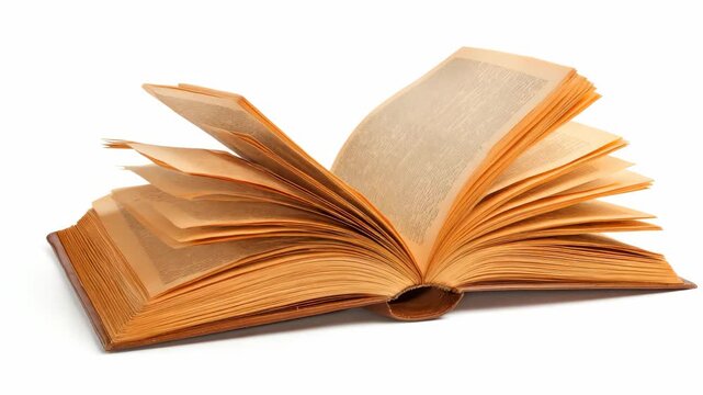 Open antique book with aged yellow pages and visible text, realistic style, isolated on white background, concept of literature and knowledge