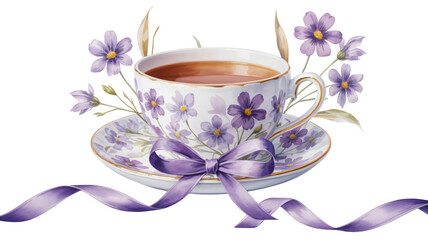 Elegant porcelain teacup adorned with delicate purple flowers and a satin ribbon, perfect for a charming tea party or sophisticated celebration.